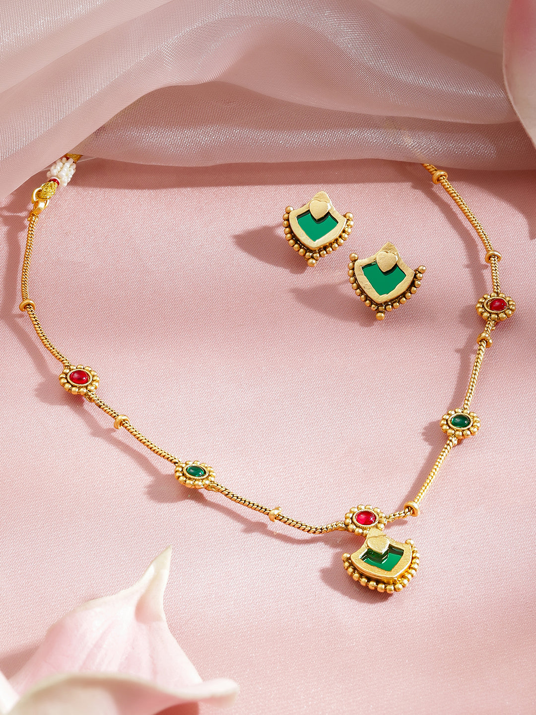 Shringar Glow Green Pink Necklace Set フリーサイズ