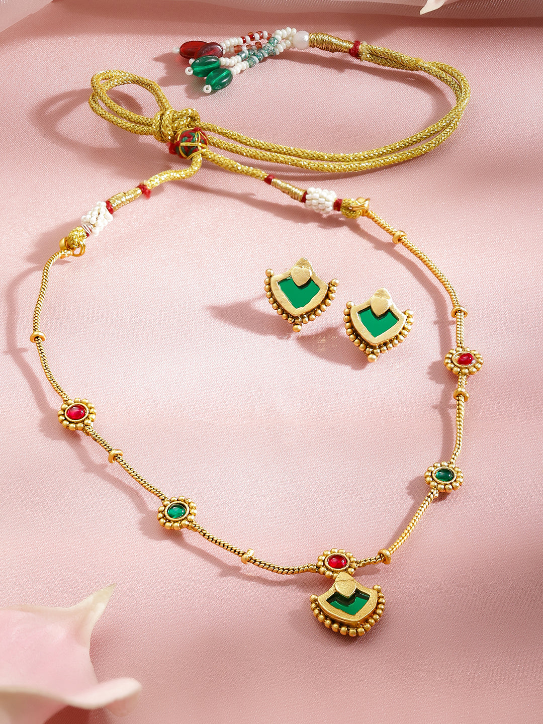 Shringar Glow Green Pink Necklace Set フリーサイズ