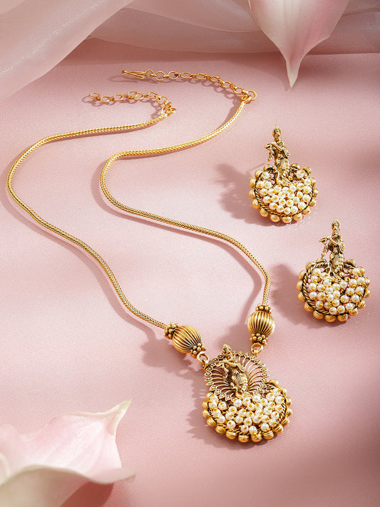 Laxmi Motif Pearl Embellished Pendant Necklace Set フリーサイズ