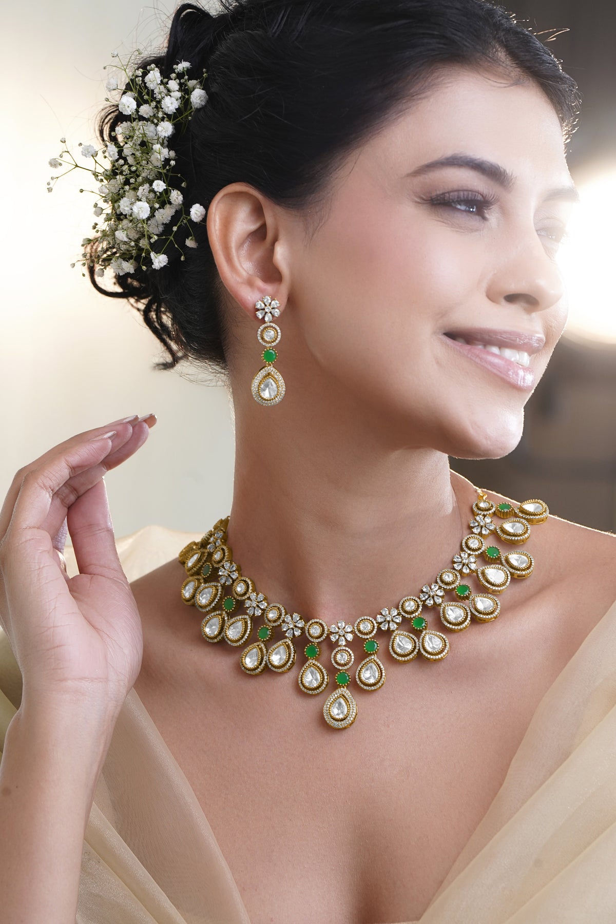 Emerald Accent Gold Diamond Necklace Set フリーサイズ