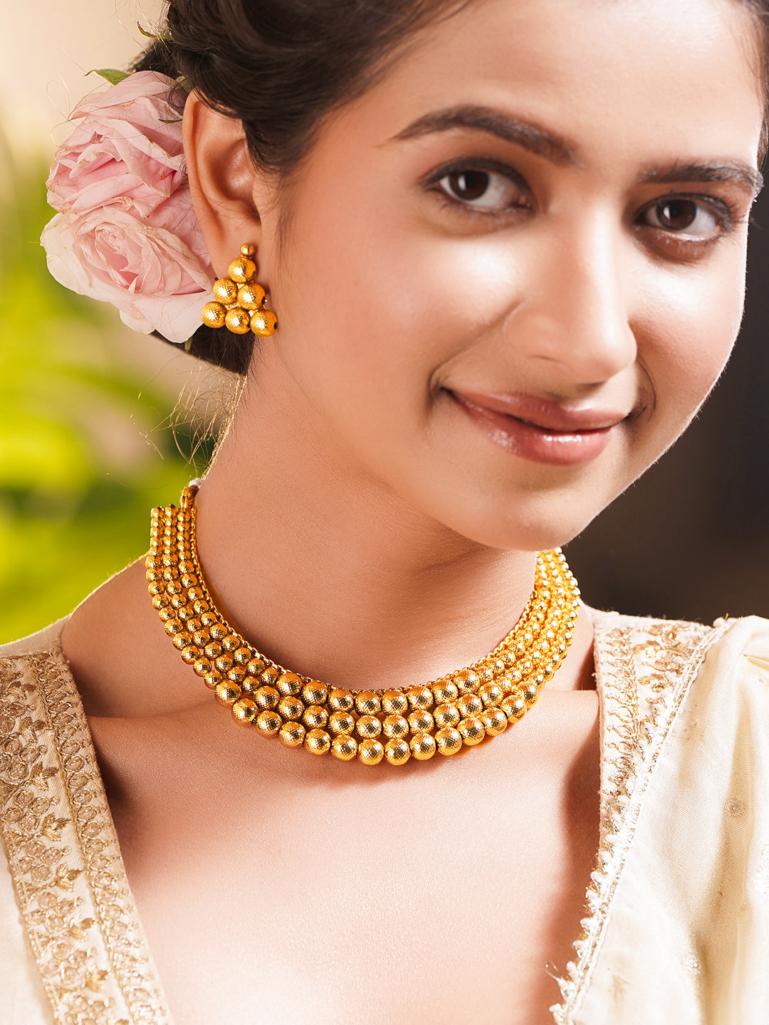 Gold Plated Brass Gold Beaded Layered Choker Necklace Set フリーサイズ