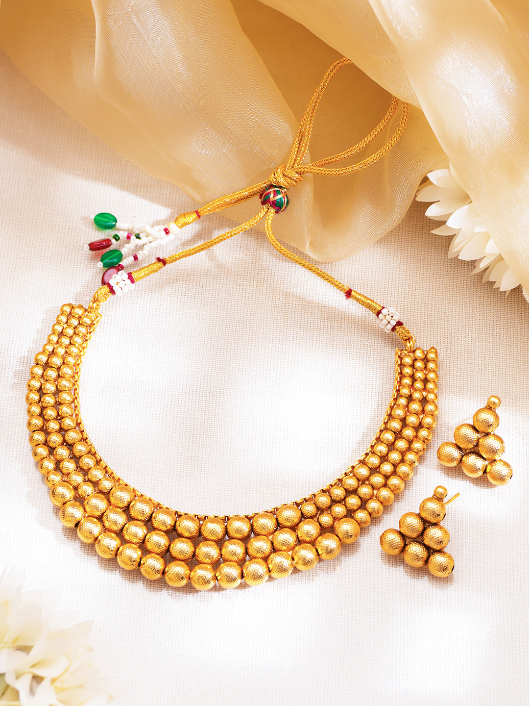 Gold Plated Brass Gold Beaded Layered Choker Necklace Set フリーサイズ