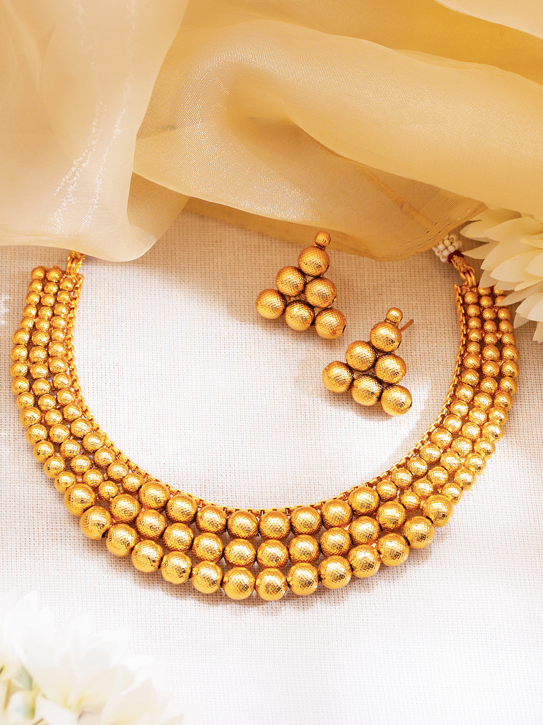 Gold Plated Brass Gold Beaded Layered Choker Necklace Set フリーサイズ