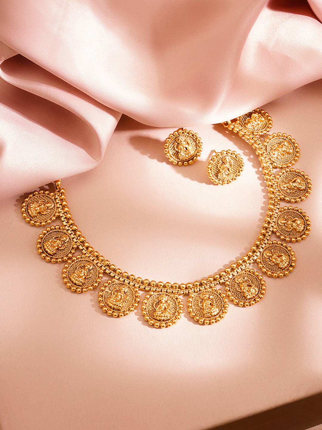 Gold Plated Brass Gold Temple Coin Necklace Set フリーサイズ