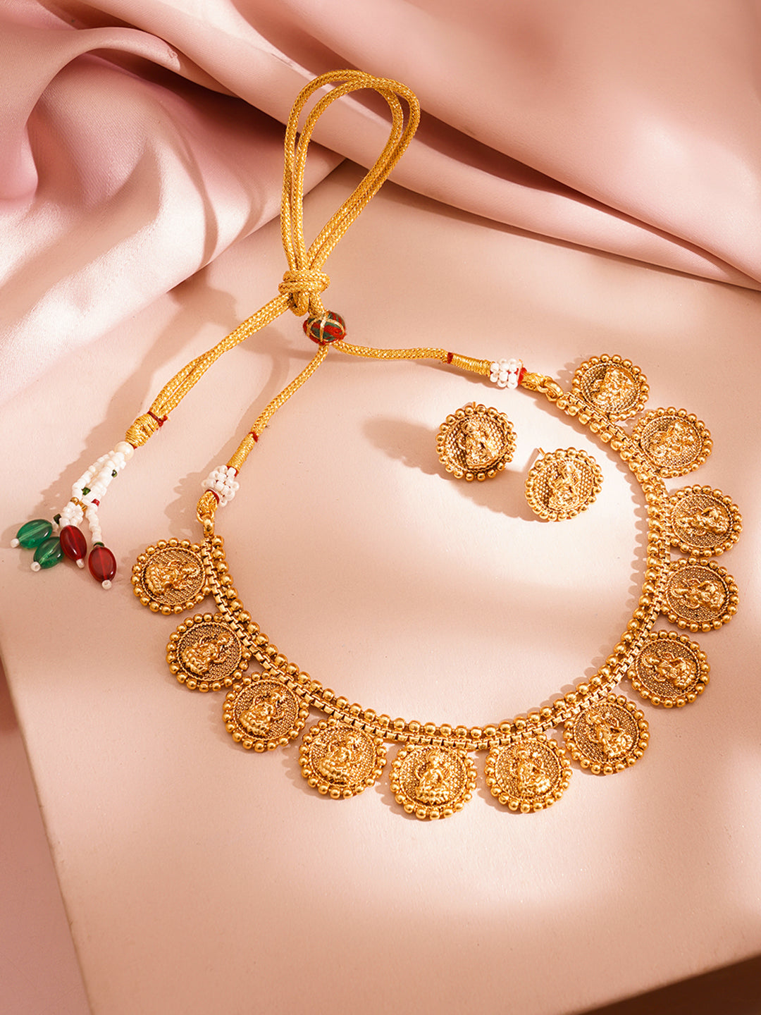 Gold Plated Brass Gold Temple Coin Necklace Set フリーサイズ