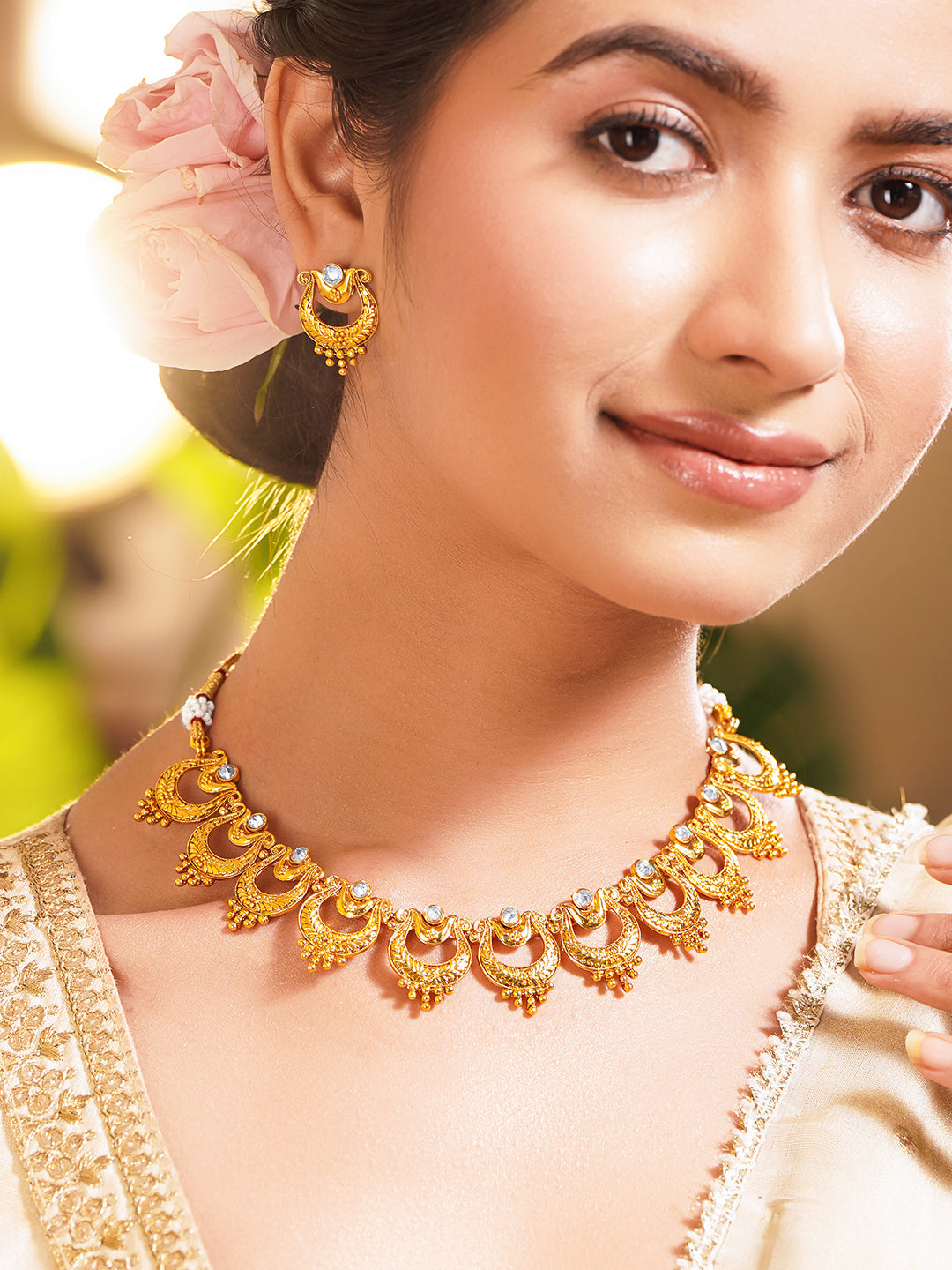 Gold Plated Brass Gold Zircon Crescent Necklace Set フリーサイズ