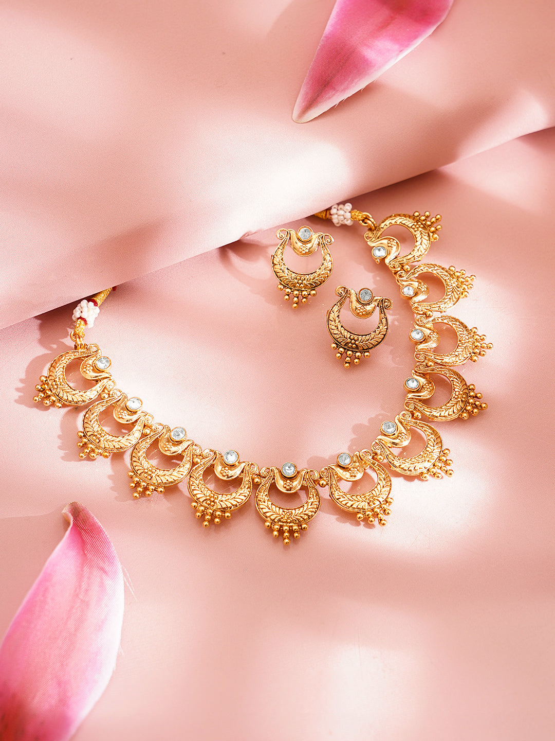 Gold Plated Brass Gold Zircon Crescent Necklace Set フリーサイズ