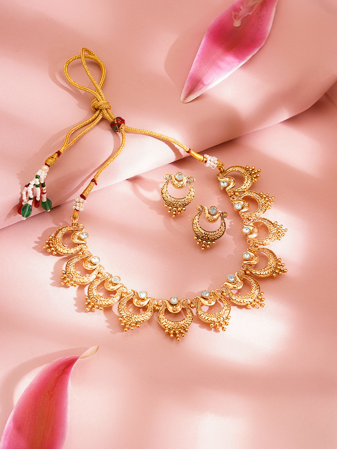 Gold Plated Brass Gold Zircon Crescent Necklace Set フリーサイズ