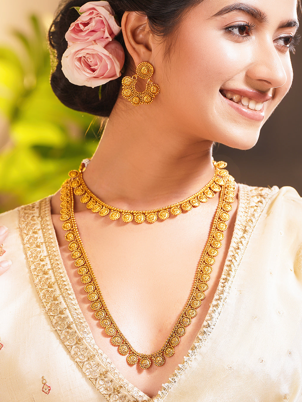 Gold Plated Brass Gold Floral Charm Necklace Set フリーサイズ