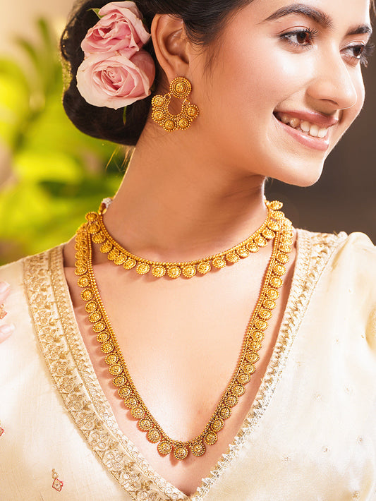 Gold Plated Brass Gold Floral Charm Necklace Set フリーサイズ