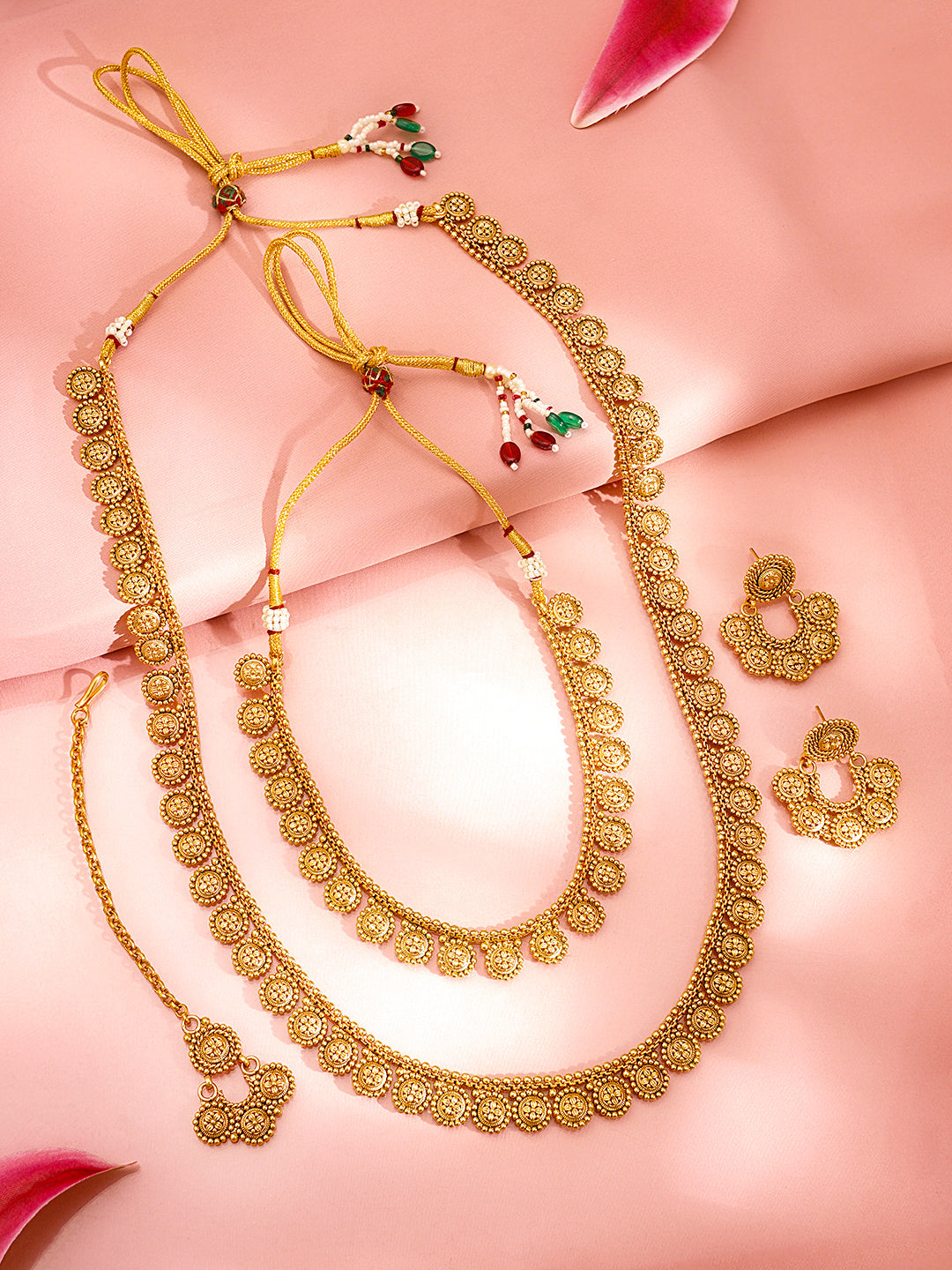 Gold Plated Brass Gold Floral Charm Necklace Set フリーサイズ