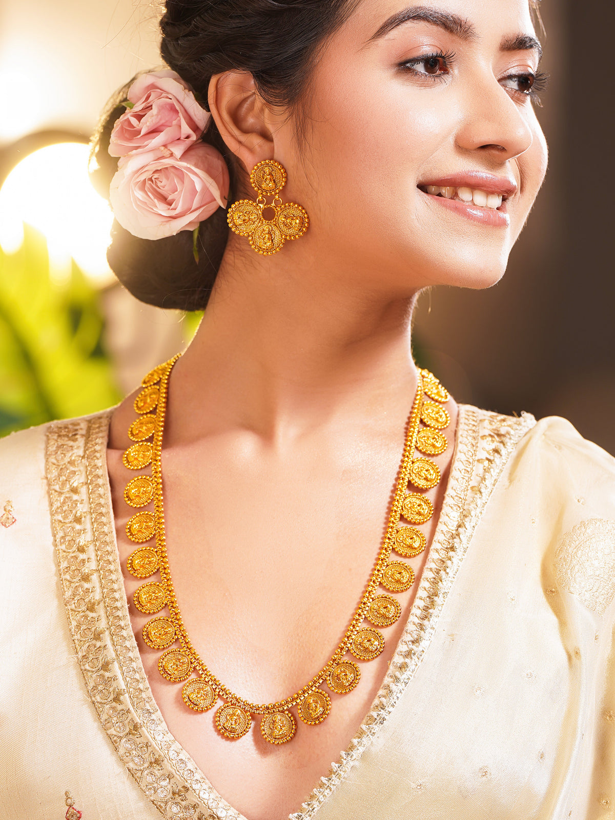 Gold Plated Brass Gold Temple Coin Long Necklace Set フリーサイズ