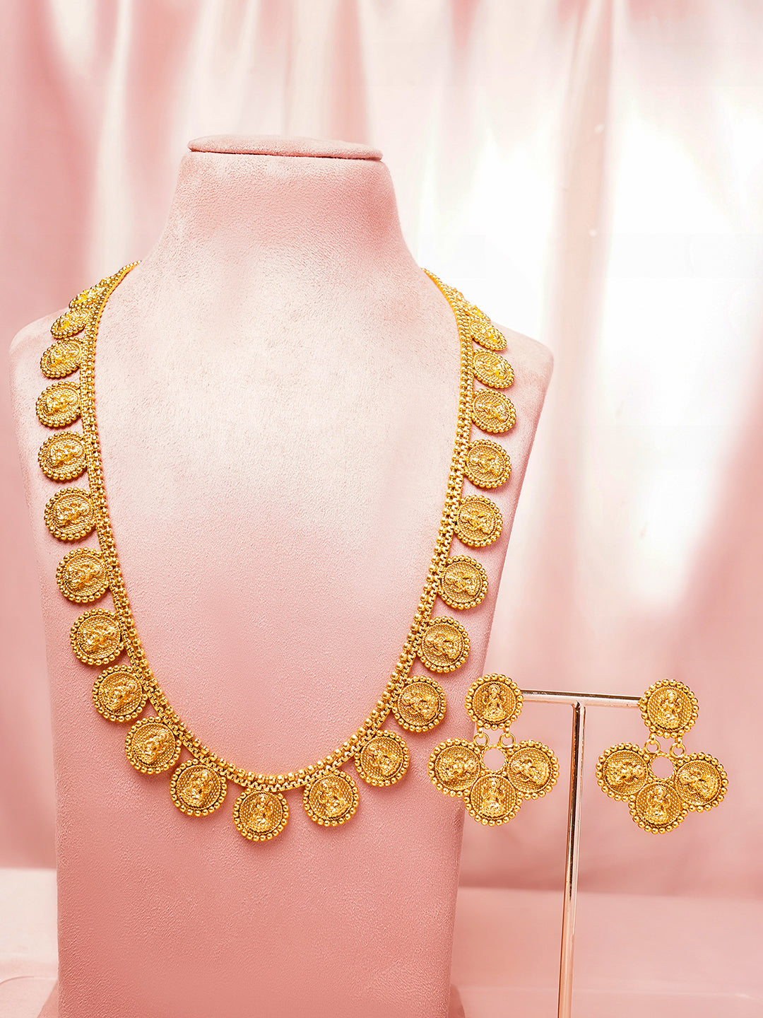 Gold Plated Brass Gold Temple Coin Long Necklace Set フリーサイズ