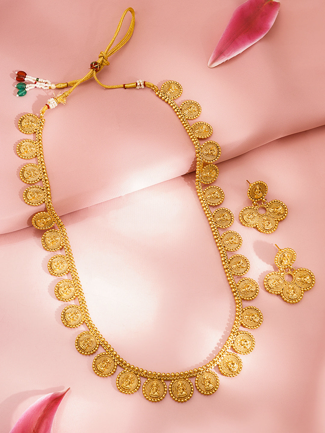 Gold Plated Brass Gold Temple Coin Long Necklace Set フリーサイズ