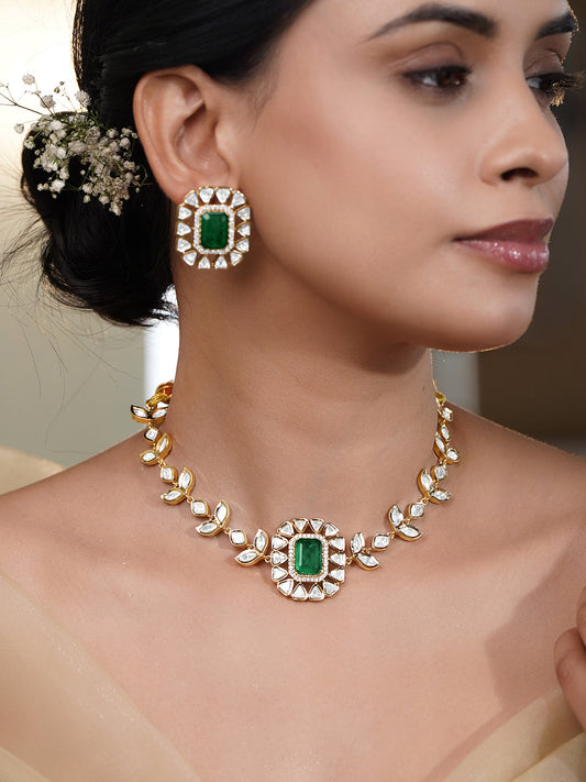 Emerald Polki Gold Choker Necklace Set フリーサイズ