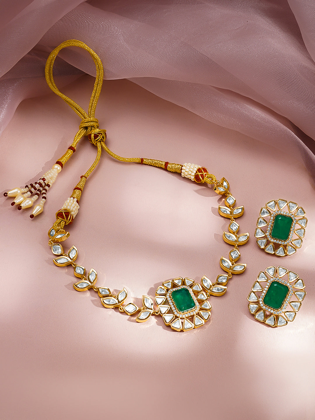 Emerald Polki Gold Choker Necklace Set フリーサイズ
