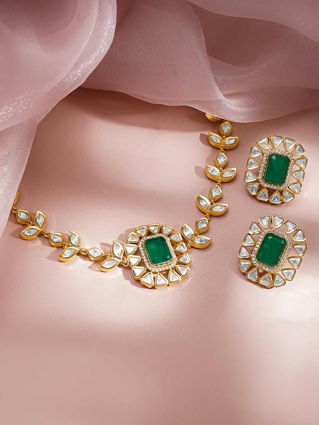 Emerald Polki Gold Choker Necklace Set フリーサイズ