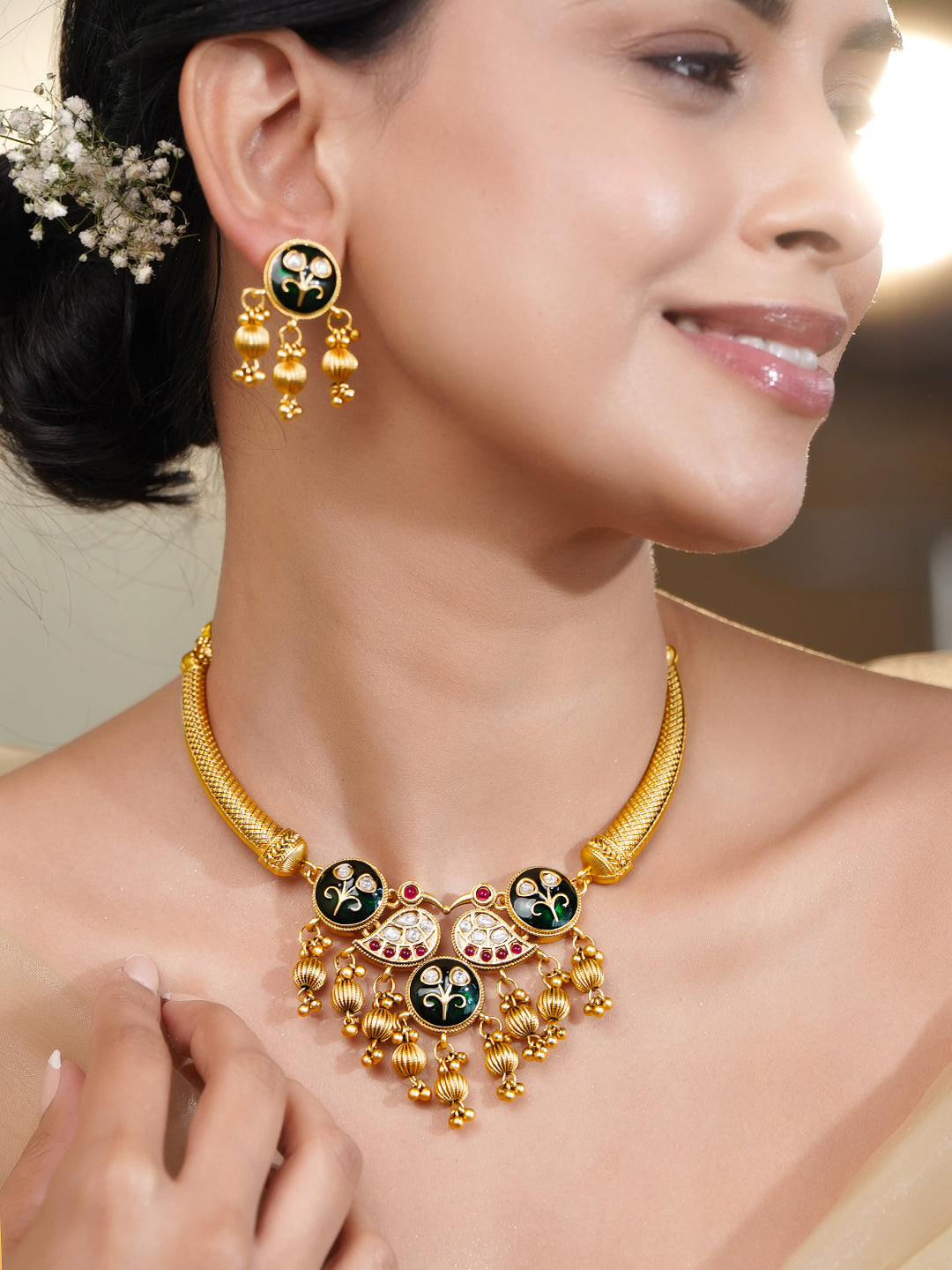Festive Gold Kundan-Enamel Statement Necklace Set フリーサイズ