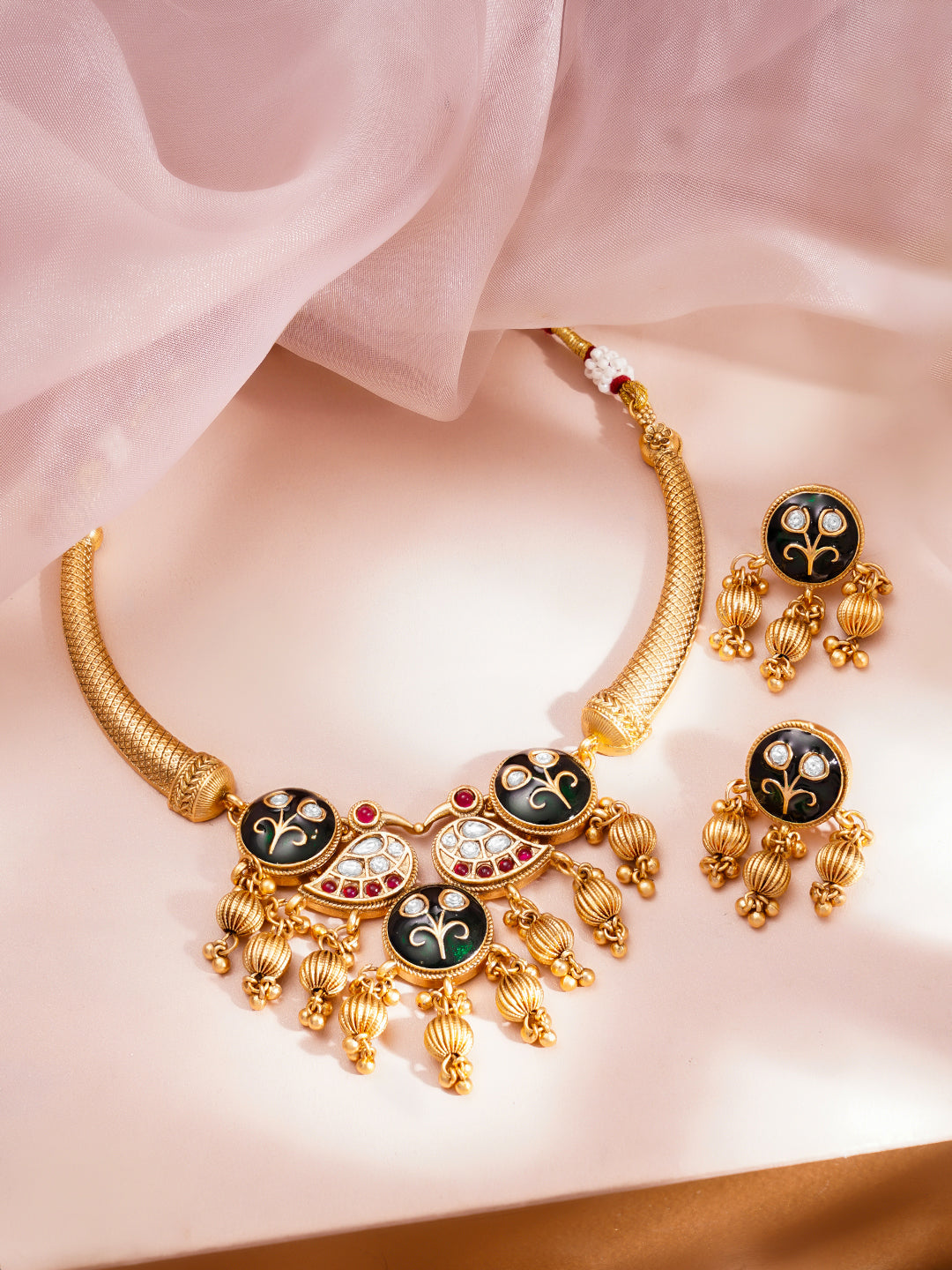 Festive Gold Kundan-Enamel Statement Necklace Set フリーサイズ