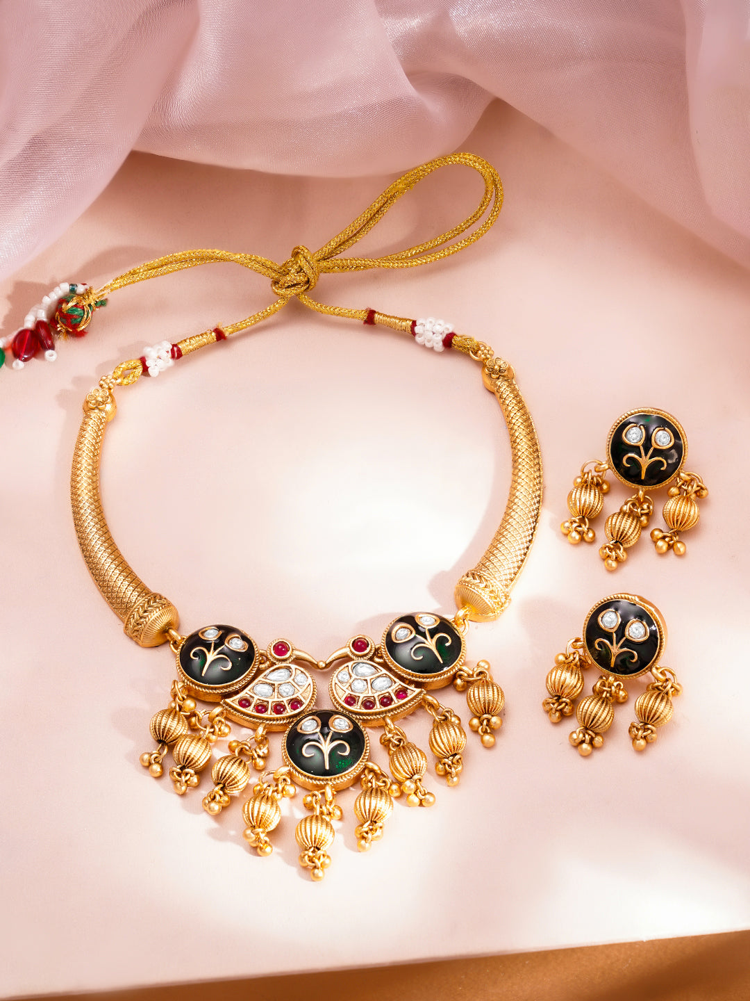 Festive Gold Kundan-Enamel Statement Necklace Set フリーサイズ