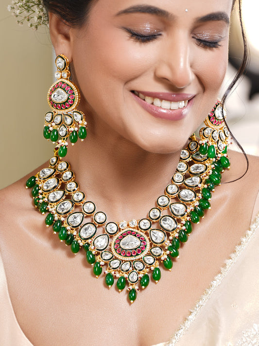 Rubans 22K Gold Plated Brass Kundan Green Beads Bridal Jewellery Set フリーサイズ