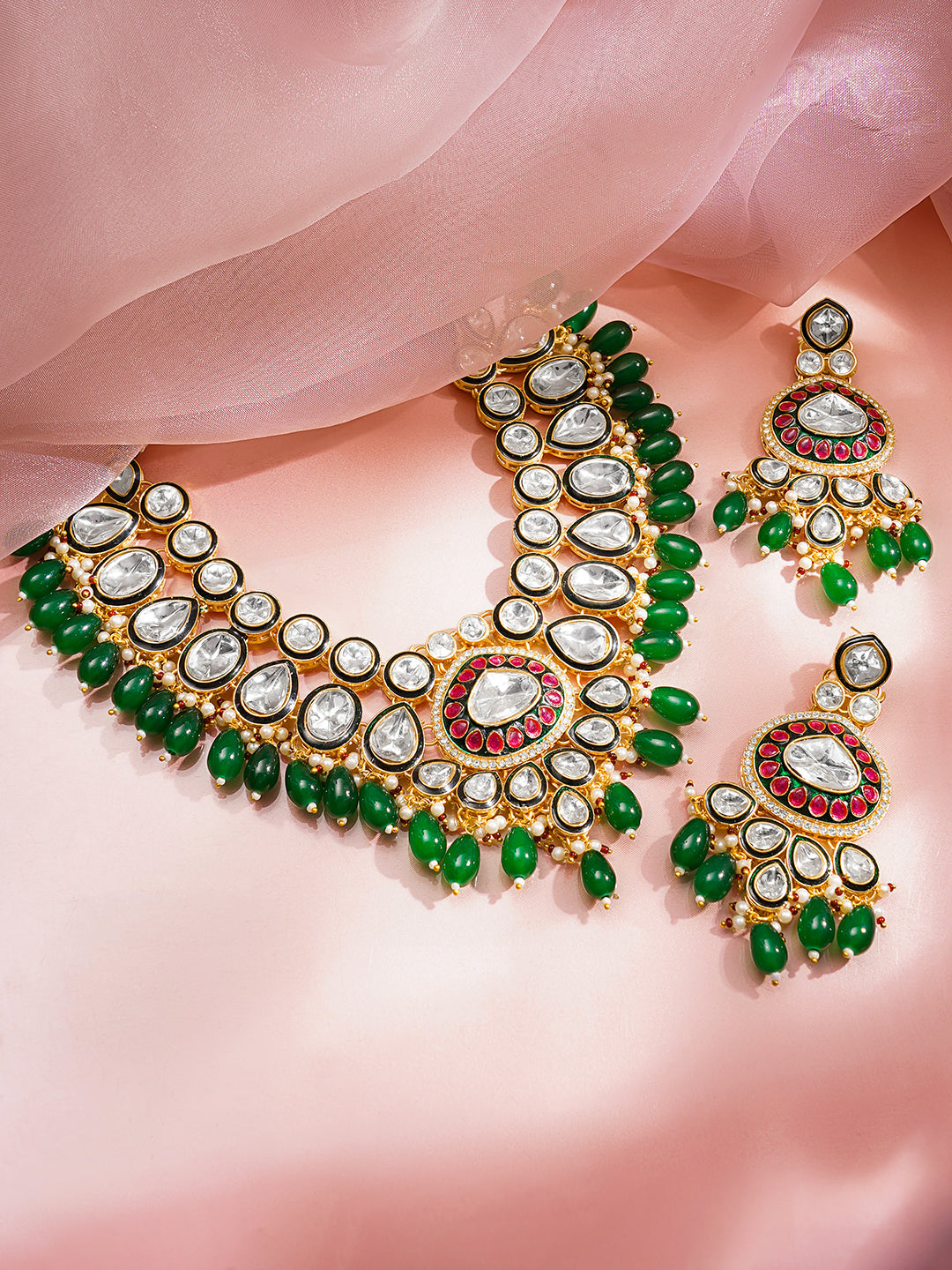 Rubans 22K Gold Plated Brass Kundan Green Beads Bridal Jewellery Set フリーサイズ
