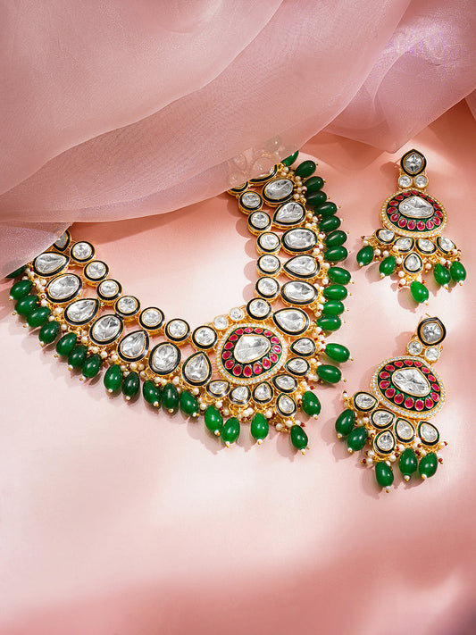Rubans 22K Gold Plated Brass Kundan Green Beads Bridal Jewellery Set フリーサイズ