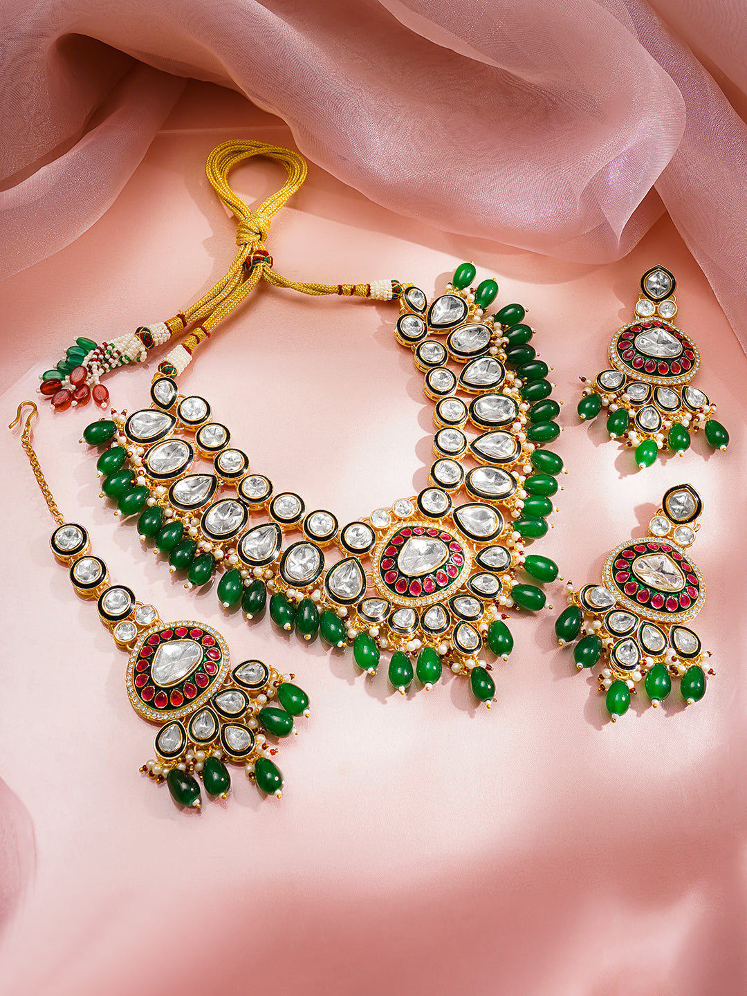 Rubans 22K Gold Plated Brass Kundan Green Beads Bridal Jewellery Set フリーサイズ