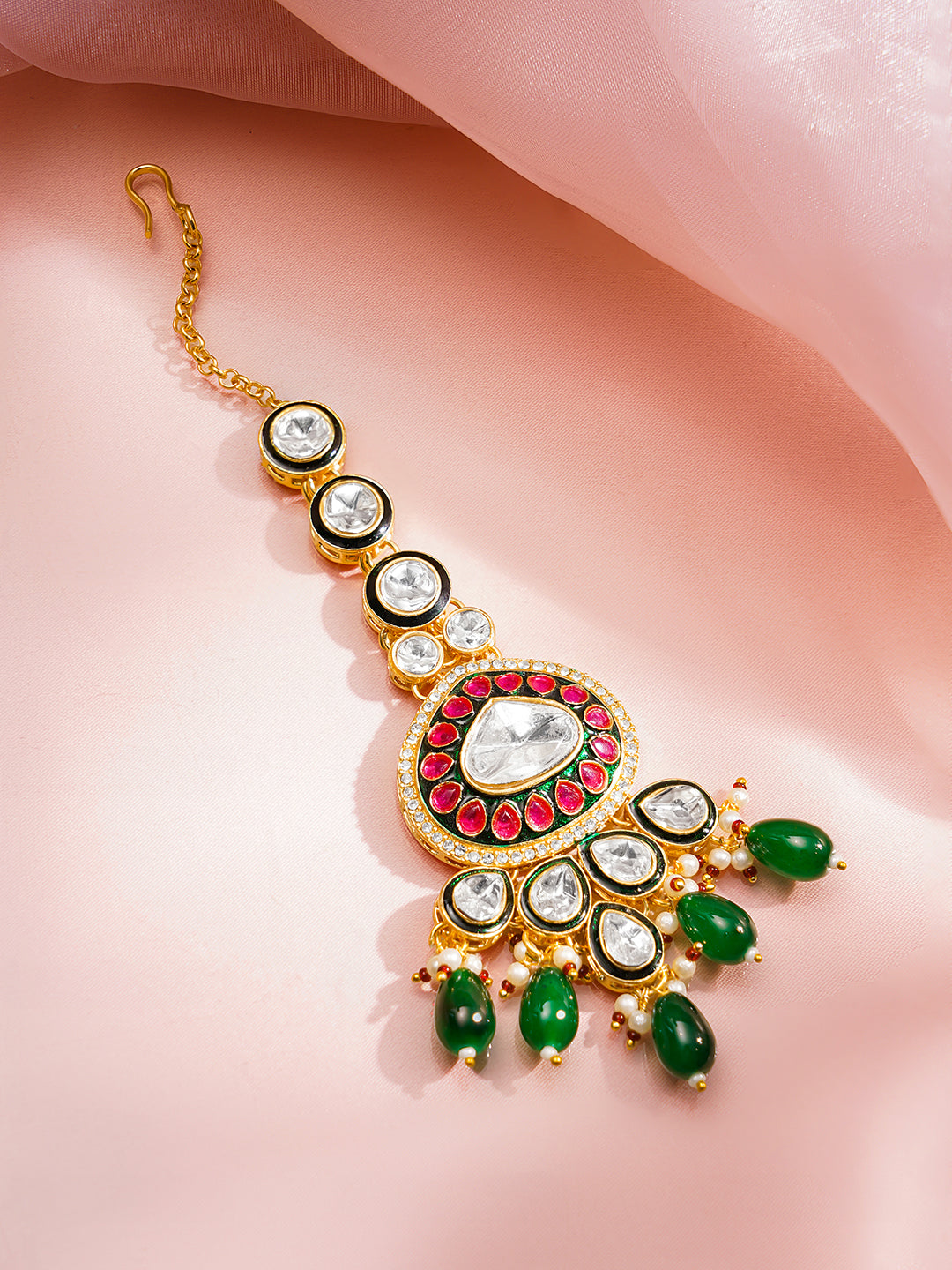 Rubans 22K Gold Plated Brass Kundan Green Beads Bridal Jewellery Set フリーサイズ