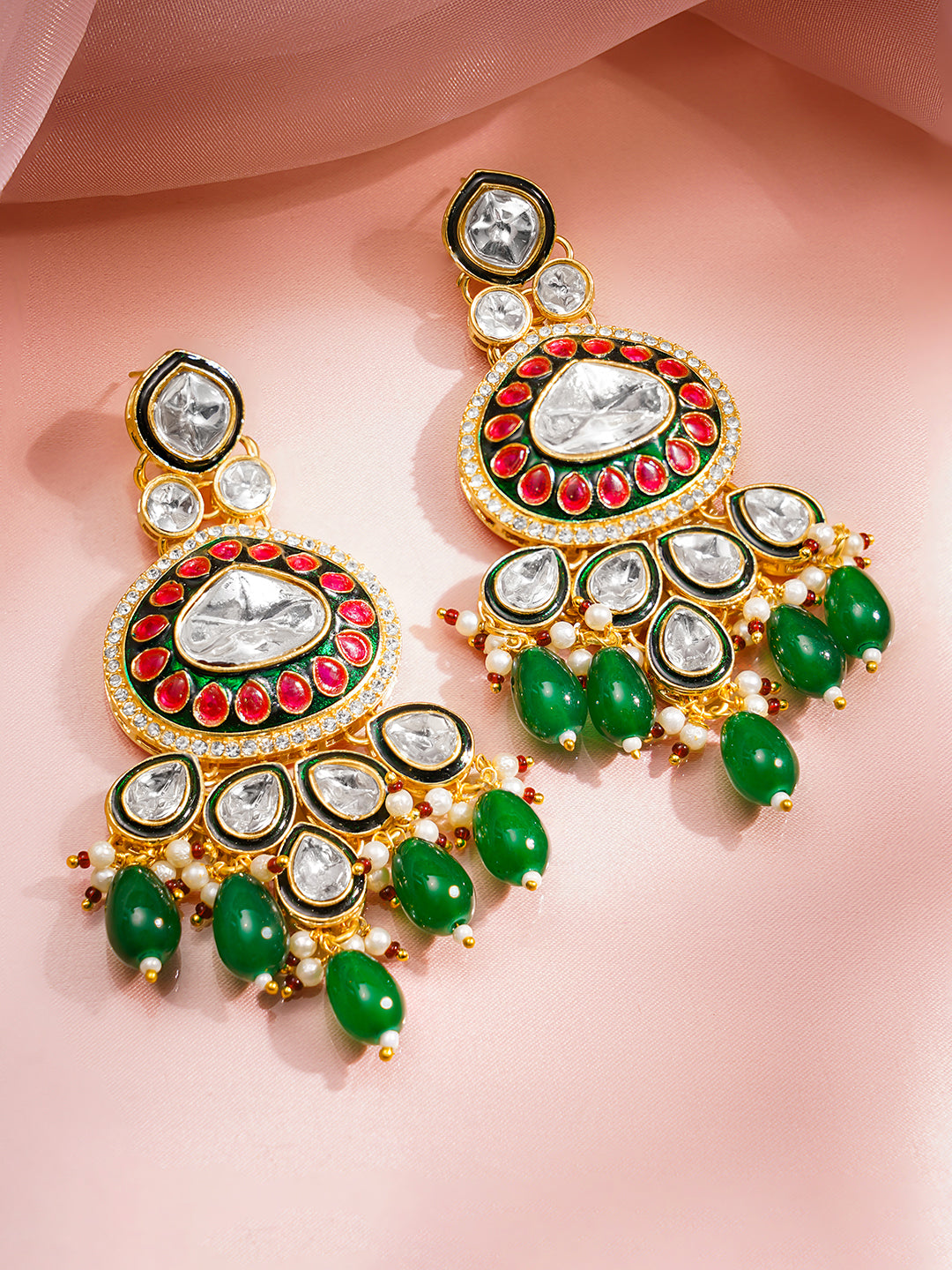 Rubans 22K Gold Plated Brass Kundan Green Beads Bridal Jewellery Set フリーサイズ