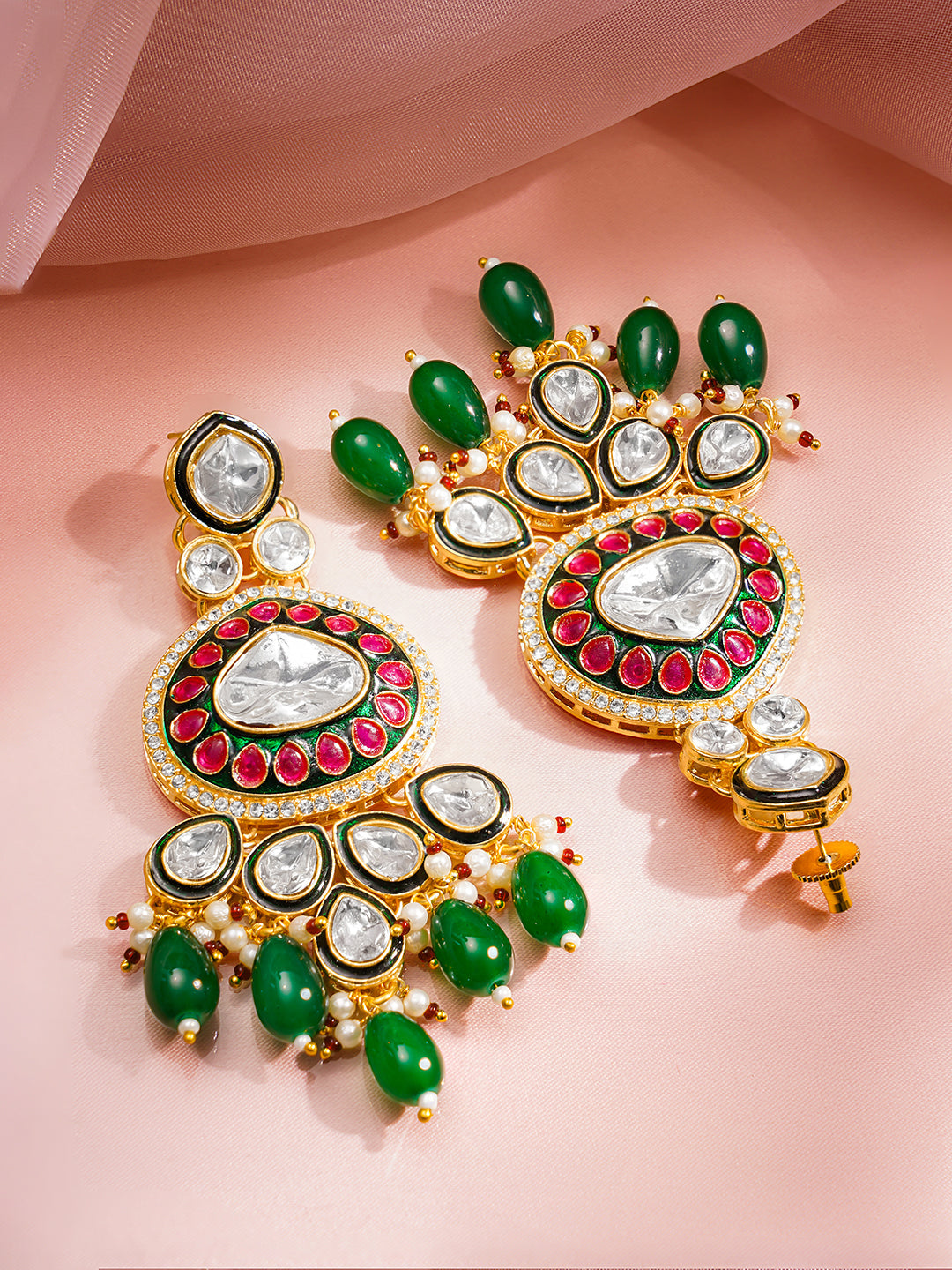 Rubans 22K Gold Plated Brass Kundan Green Beads Bridal Jewellery Set フリーサイズ