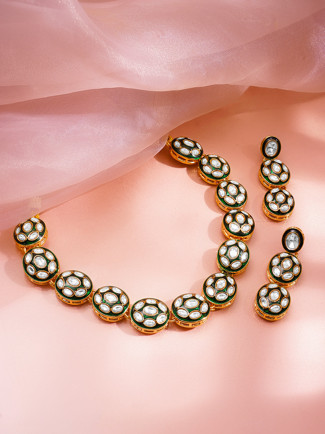 【Rubans】 Gold Brass Kundan & Enamel Statement 18K Gold Plated Necklace Set｜クンダン＆エナメル ステートメント 18Kゴールドメッキ ネックレスセット