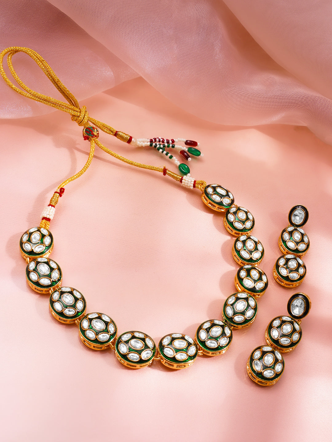 【Rubans】 Gold Brass Kundan & Enamel Statement 18K Gold Plated Necklace Set｜クンダン＆エナメル ステートメント 18Kゴールドメッキ ネックレスセット