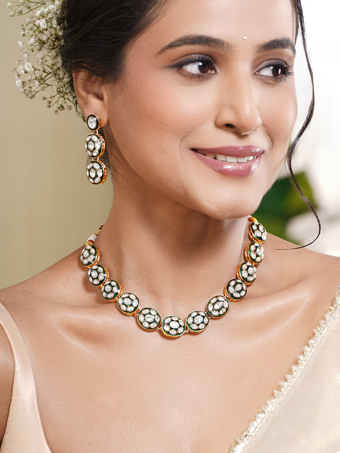 【Rubans】 Gold Brass Kundan & Enamel Statement 18K Gold Plated Necklace Set｜クンダン＆エナメル ステートメント 18Kゴールドメッキ ネックレスセット