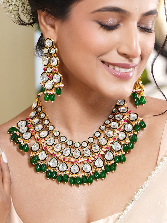 Rubans 18K Gold Plated Brass Kundan Studded Green Beaded Bridal Jewellery Set フリーサイズ