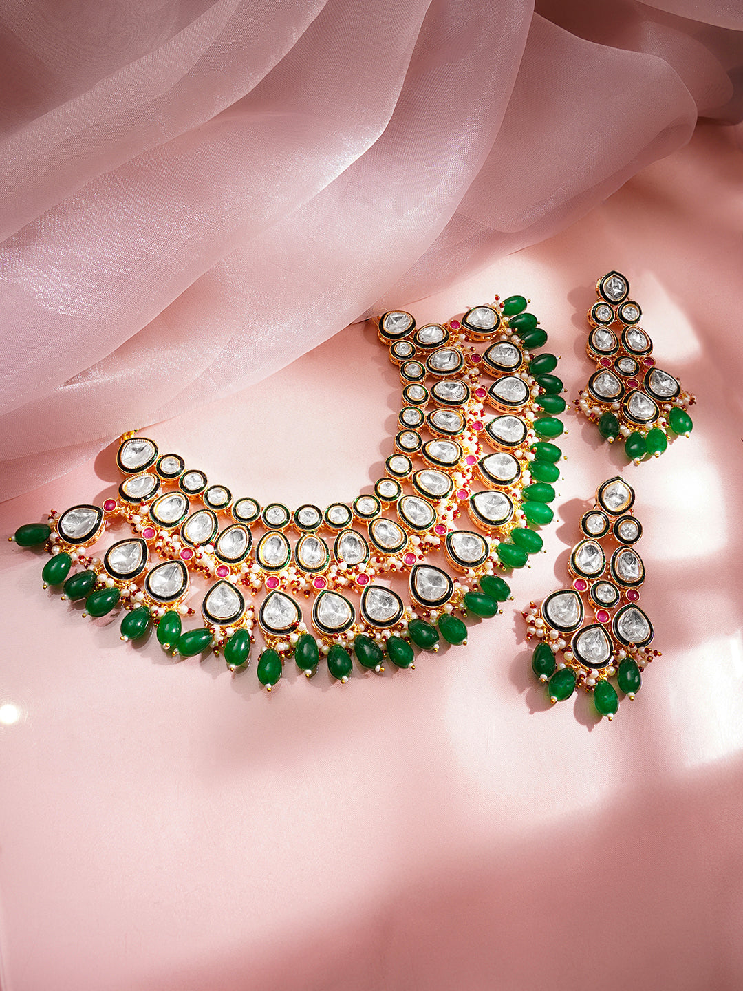 Rubans 18K Gold Plated Brass Kundan Studded Green Beaded Bridal Jewellery Set フリーサイズ