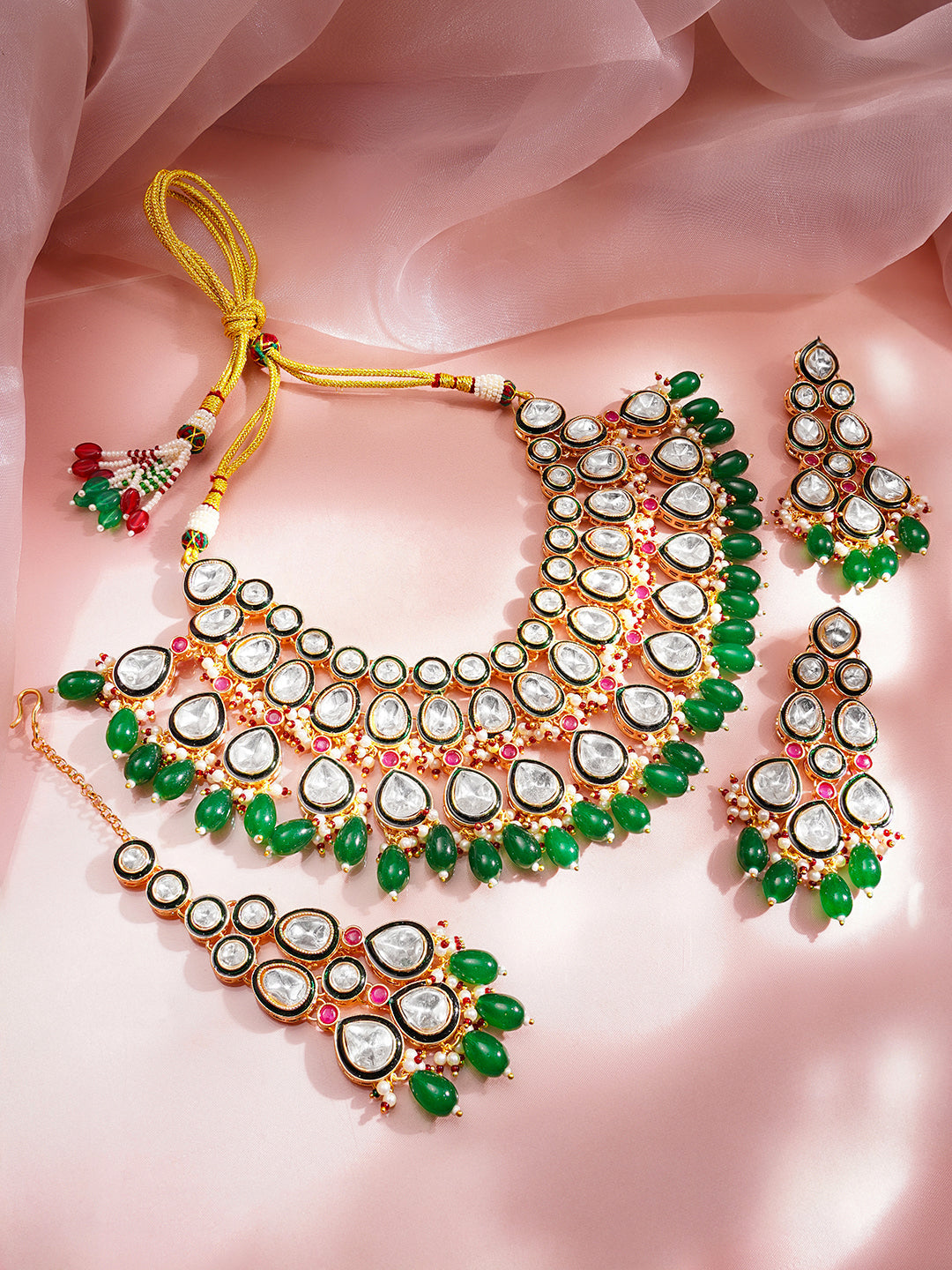 Rubans 18K Gold Plated Brass Kundan Studded Green Beaded Bridal Jewellery Set フリーサイズ
