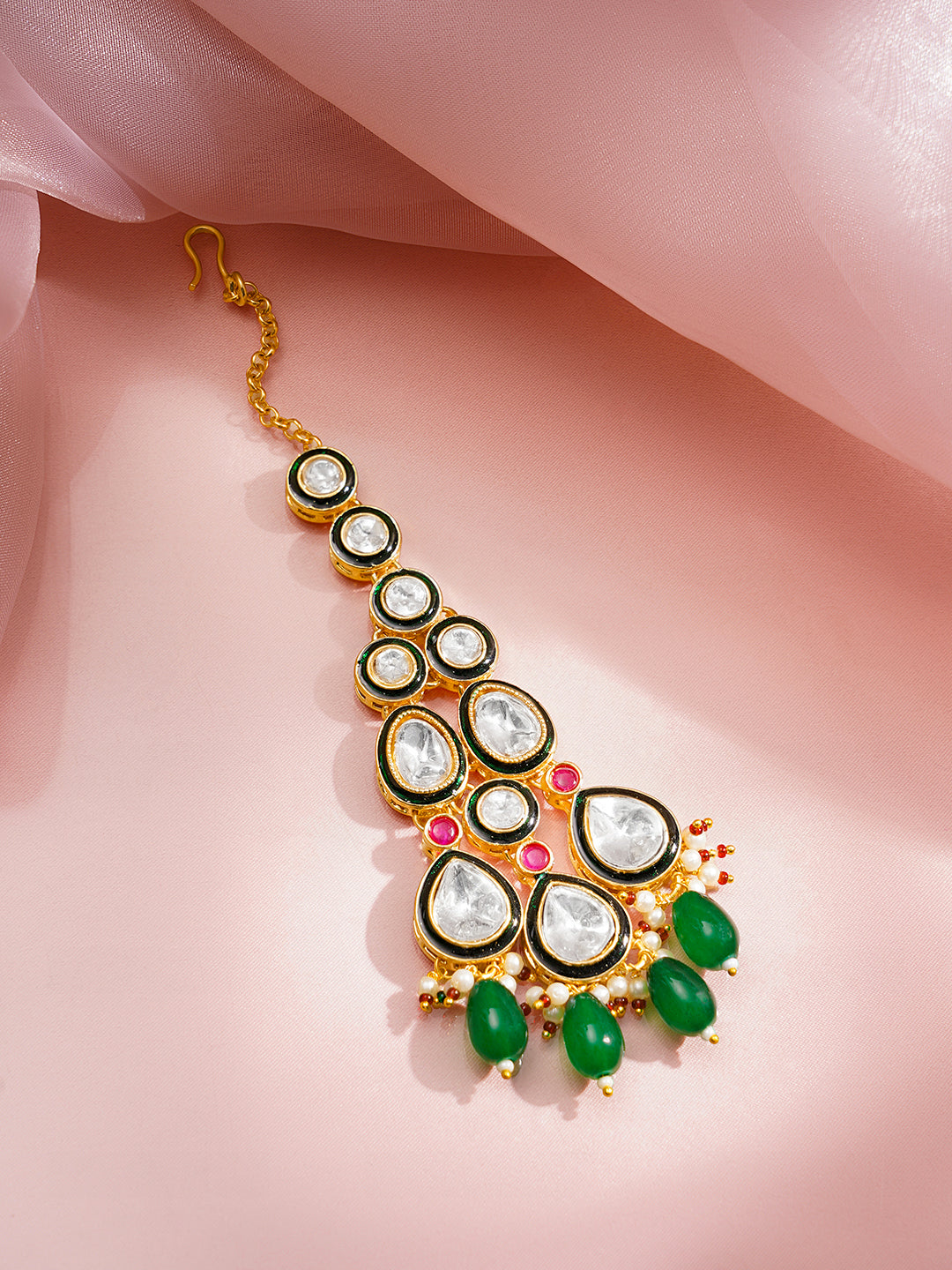 Rubans 18K Gold Plated Brass Kundan Studded Green Beaded Bridal Jewellery Set フリーサイズ