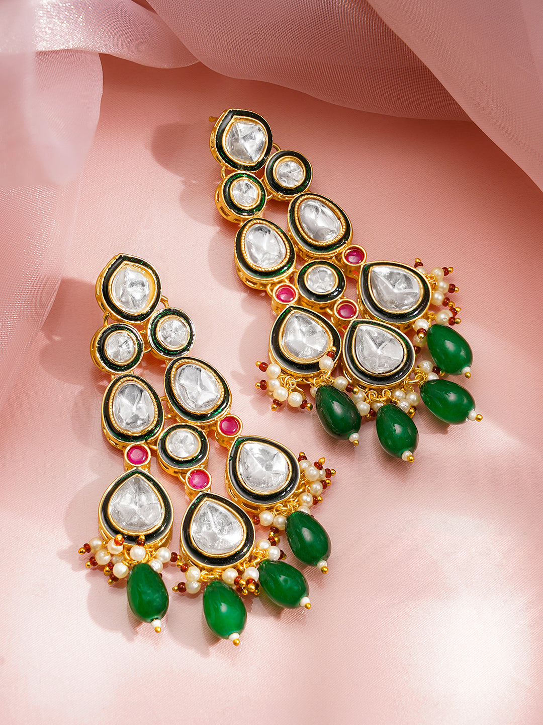 Rubans 18K Gold Plated Brass Kundan Studded Green Beaded Bridal Jewellery Set フリーサイズ