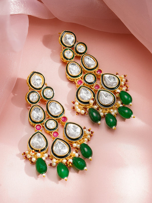 Rubans 18K Gold Plated Brass Kundan Studded Green Beaded Bridal Jewellery Set フリーサイズ