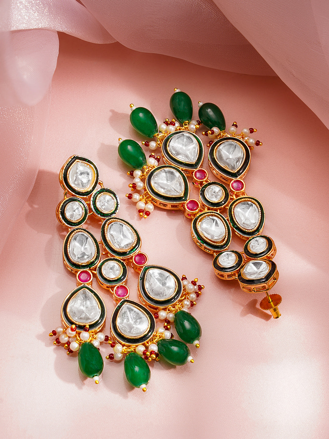 Rubans 18K Gold Plated Brass Kundan Studded Green Beaded Bridal Jewellery Set フリーサイズ