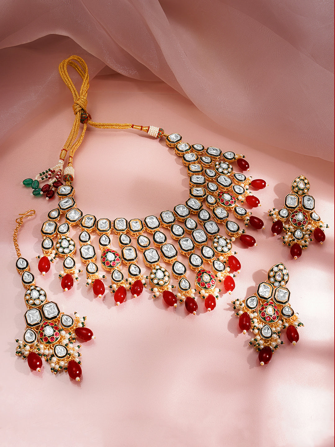 Rubans 18K Gold Plated Brass Kundan Layered & Red Beaded Choker Jewellery Set フリーサイズ