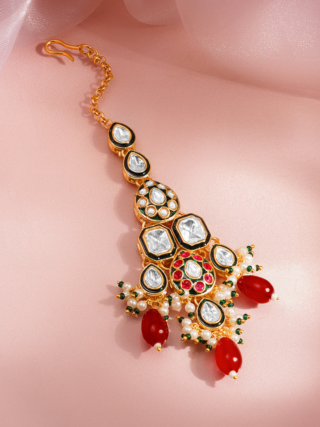 Rubans 18K Gold Plated Brass Kundan Layered & Red Beaded Choker Jewellery Set フリーサイズ
