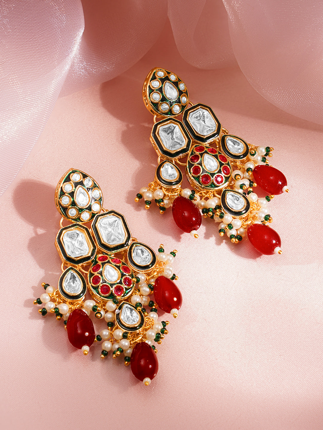 Rubans 18K Gold Plated Brass Kundan Layered & Red Beaded Choker Jewellery Set フリーサイズ