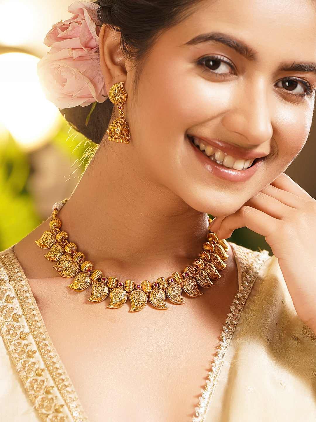 Gold Plated Brass Gold Paisley Charm Ethnic Necklace Set フリーサイズ