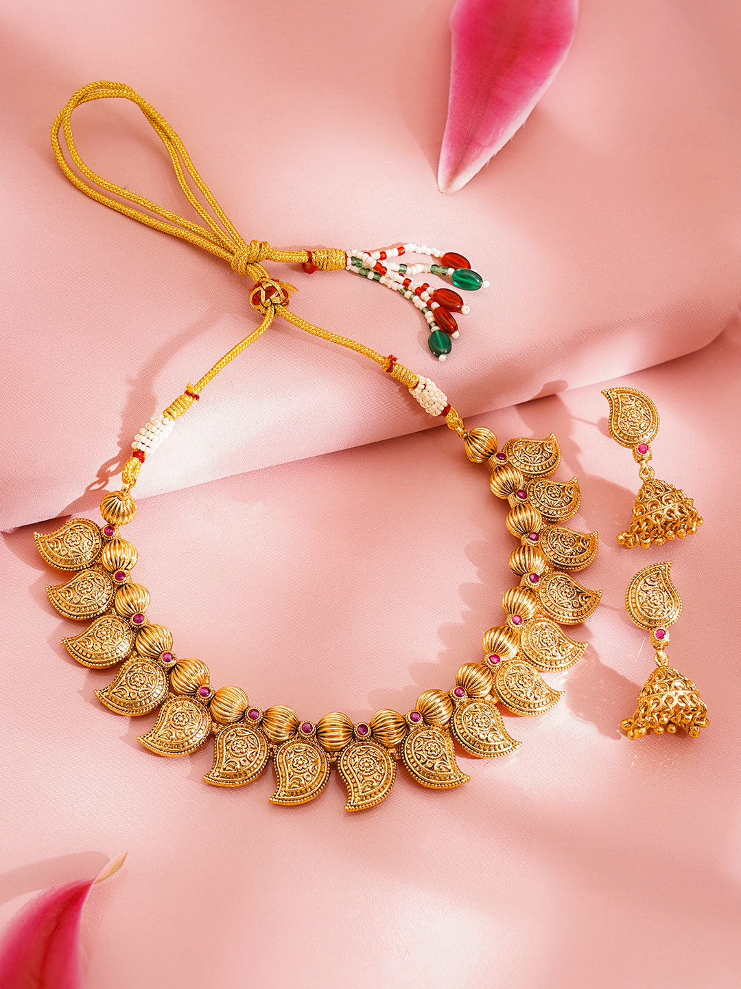 Gold Plated Brass Gold Paisley Charm Ethnic Necklace Set フリーサイズ