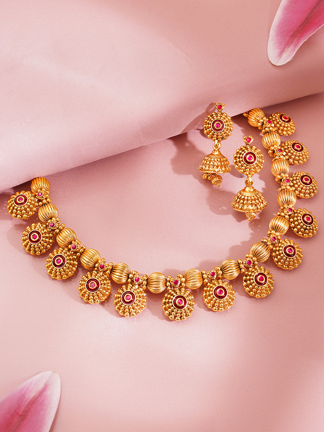 Festive Gold Beaded Floral Necklace Set フリーサイズ