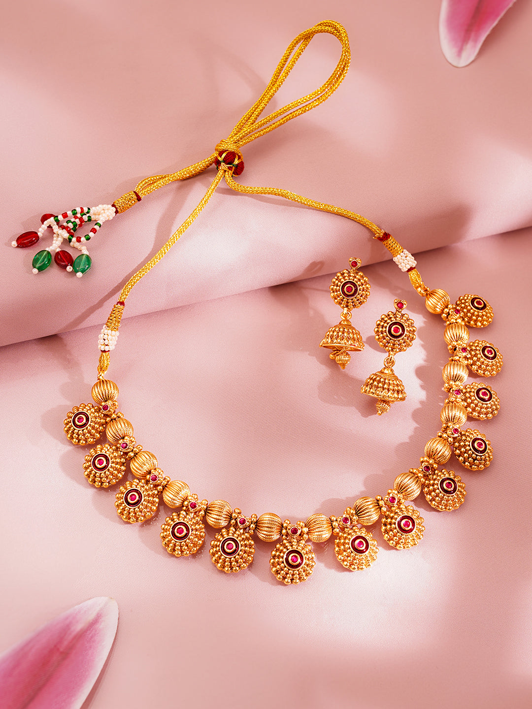 Festive Gold Beaded Floral Necklace Set フリーサイズ