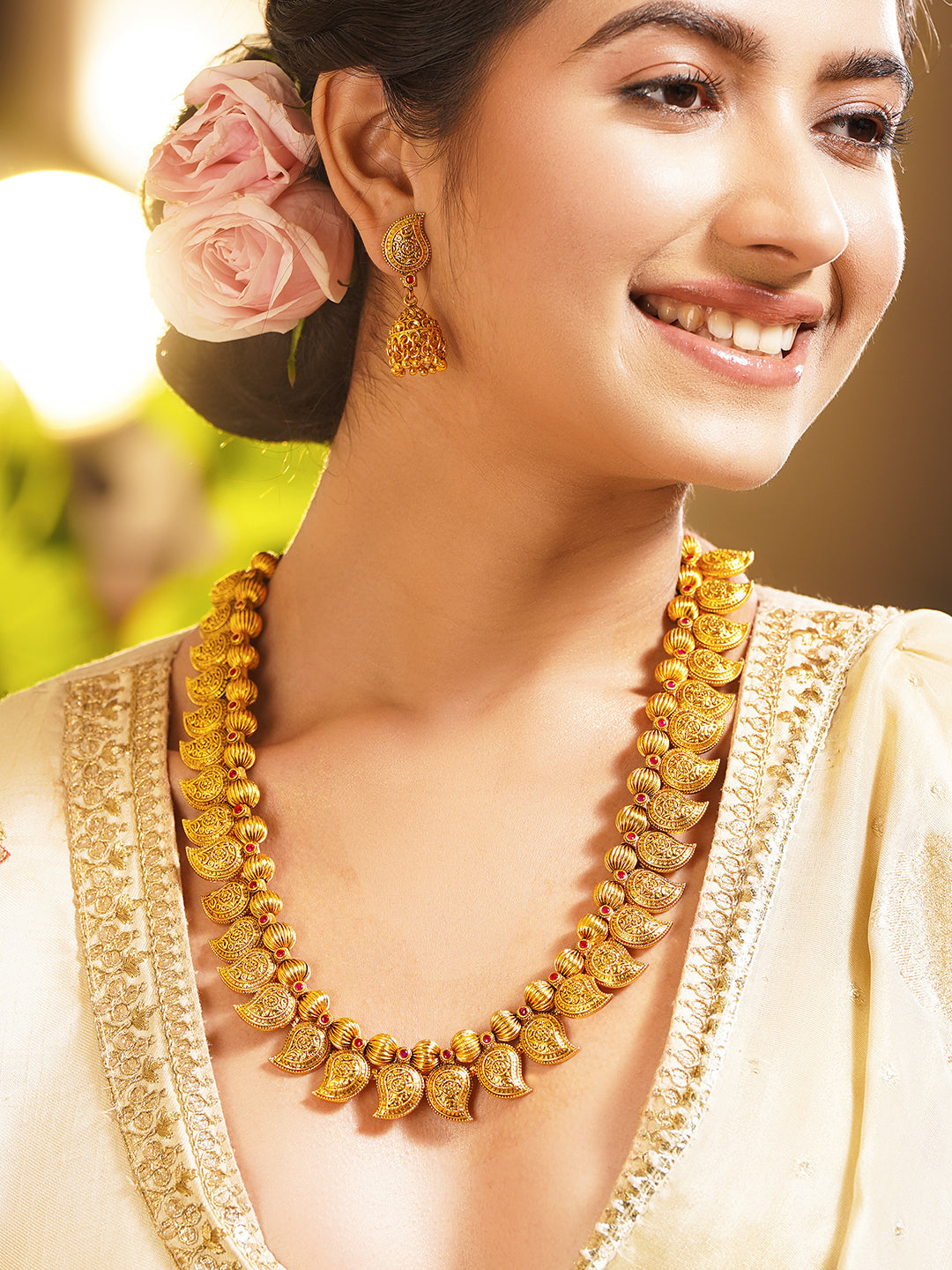 Rubans 18K Gold Plated Brass Gold Beaded Paisley Charm Long Necklace Set Length - NS:22 cm/E:5 cm