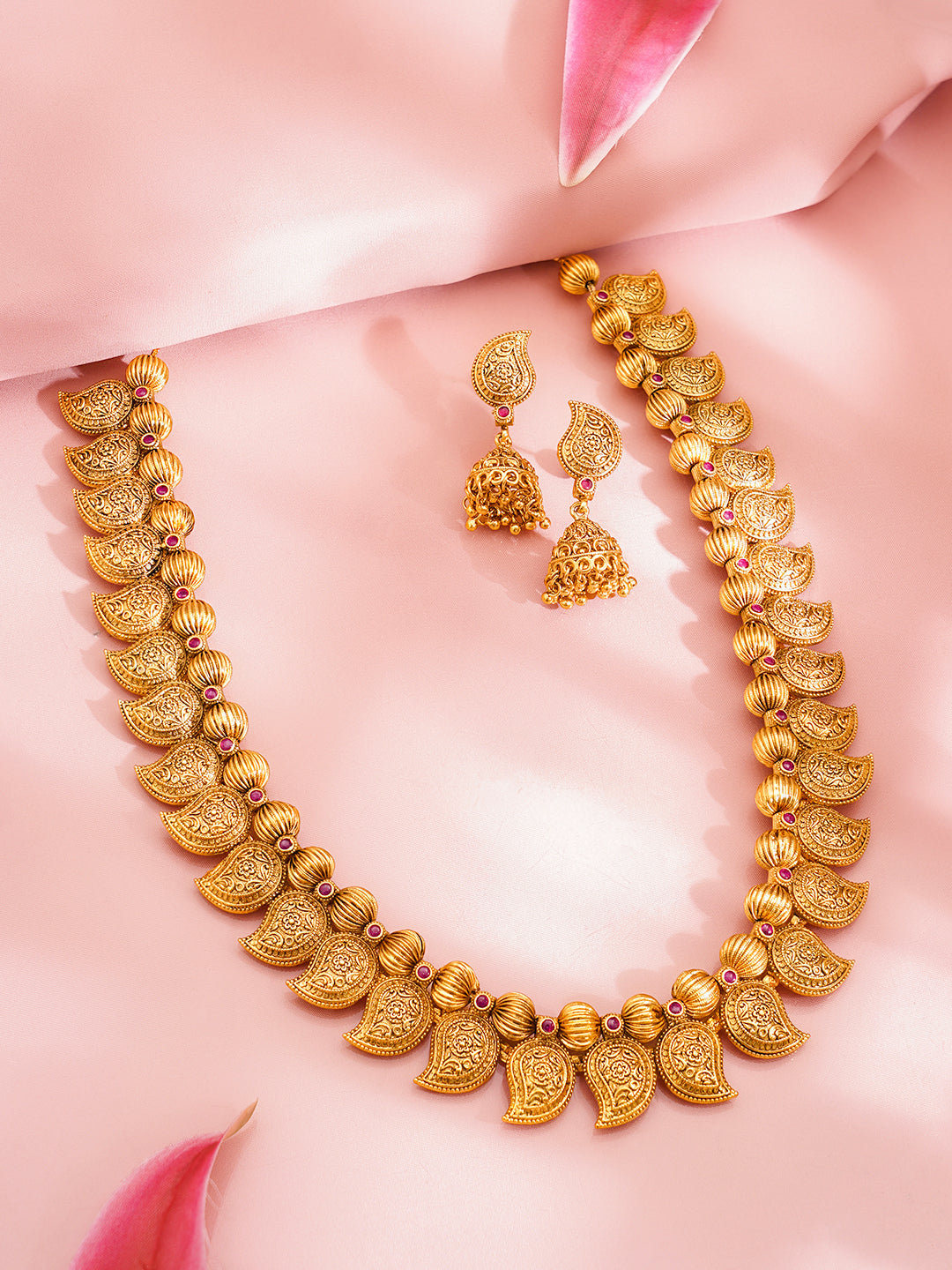 Rubans 18K Gold Plated Brass Gold Beaded Paisley Charm Long Necklace Set Length - NS:22 cm/E:5 cm